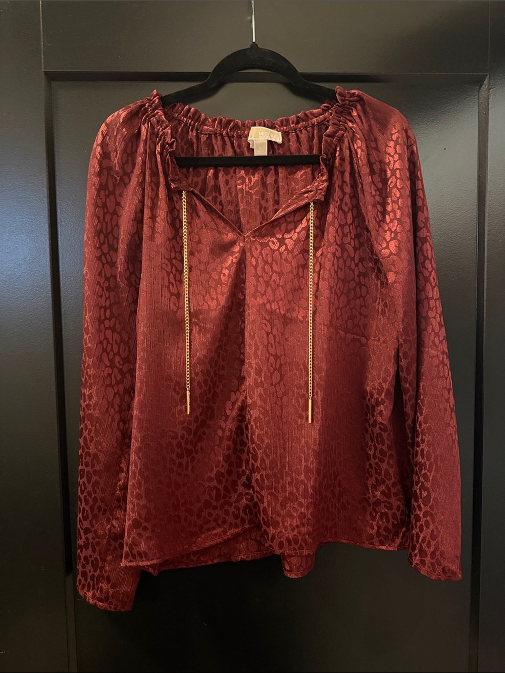 MICHAEL Michael Kors Burgundy Satin Peasant Blouse with Gold Tassel Ties